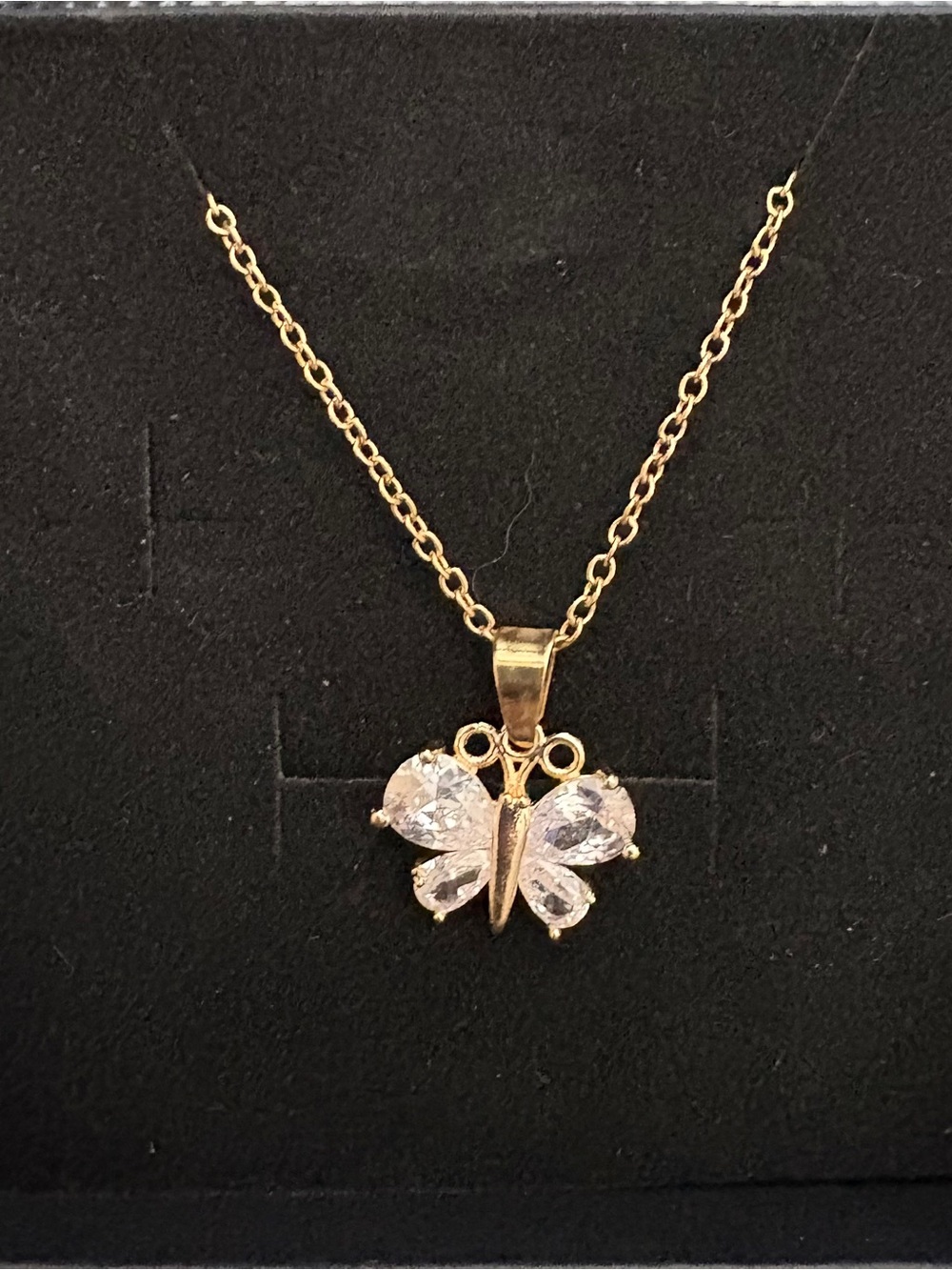 Gold Butterfly Pendant Necklace with Clear Crystal Wings
